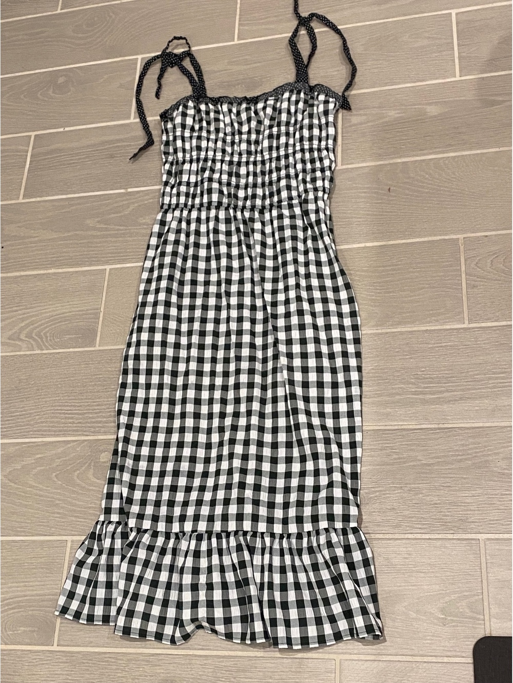 Black and White Gingham Midi Dress with Ruffle Hem, Size M